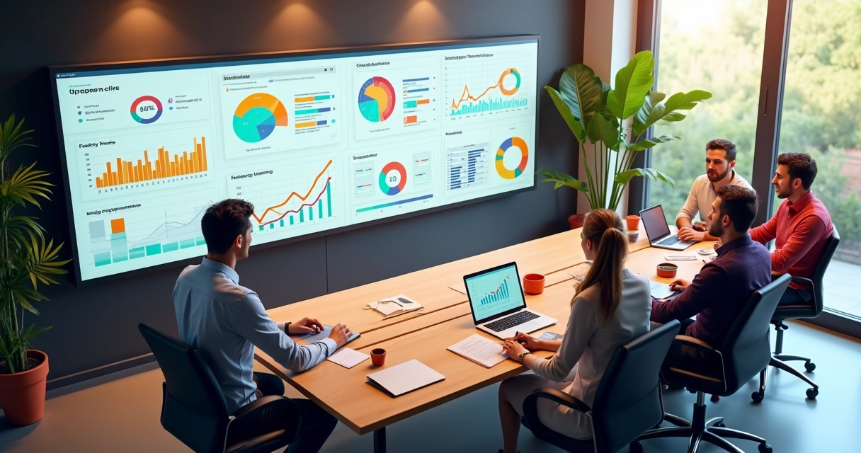 Dashboard customizado com gráficos, equipe reunida ao redor de uma mesa analisando resultados 
