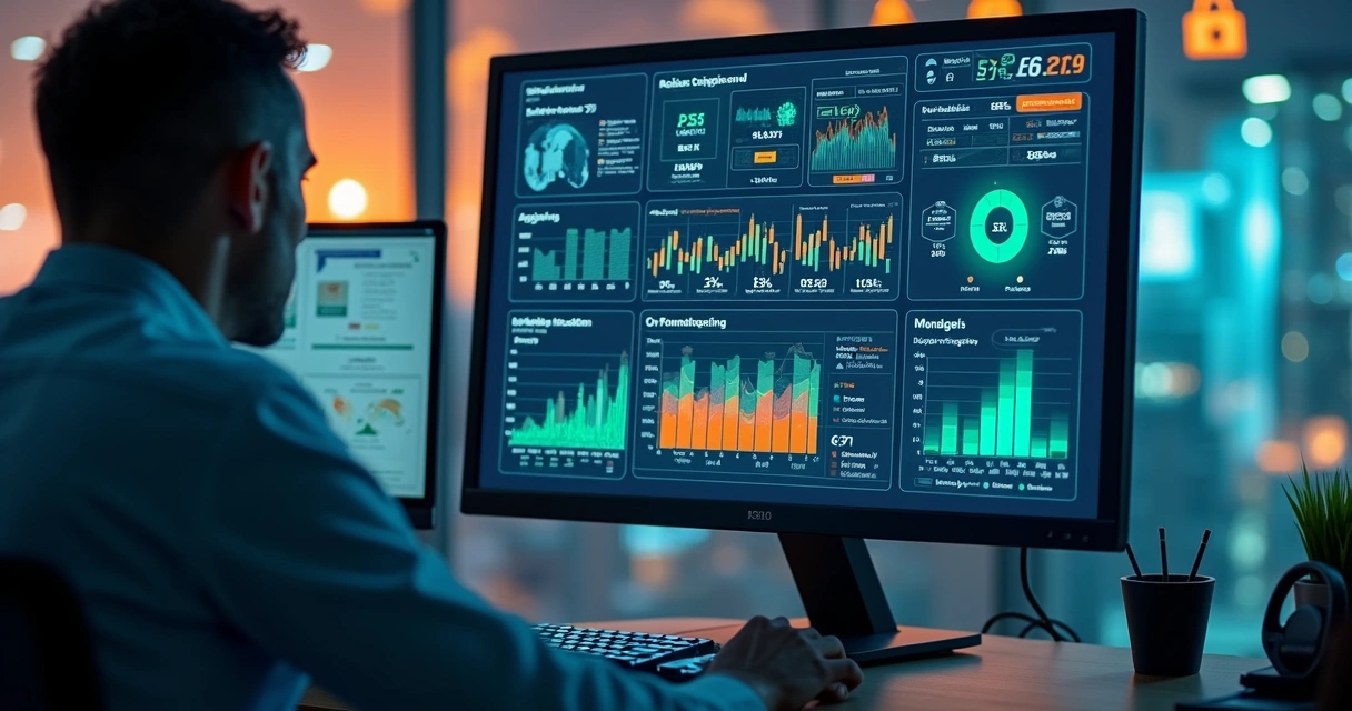 Dashboard financeiro com inteligência artificial destacando gráficos de desempenho 