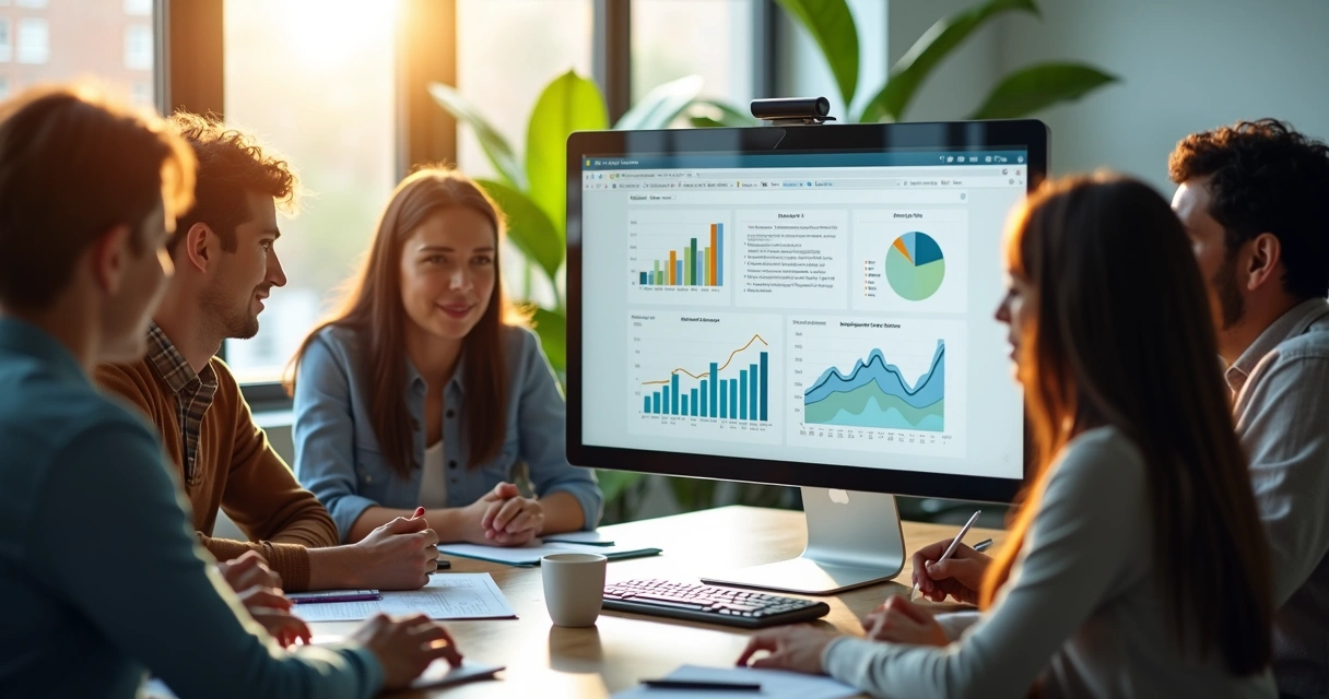 Dashboard de pesquisa em tela de computador em ambiente corporativo 