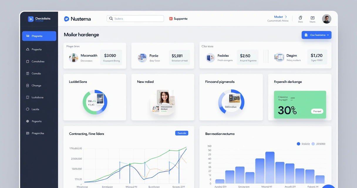 Dashboard de plataforma imobiliária moderna com gráficos e indicadores 