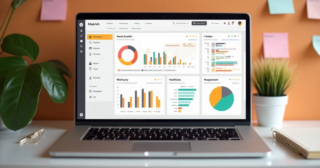 Visão superior de dashboard do Notion com gráficos, checklists e calendários de tarefas.