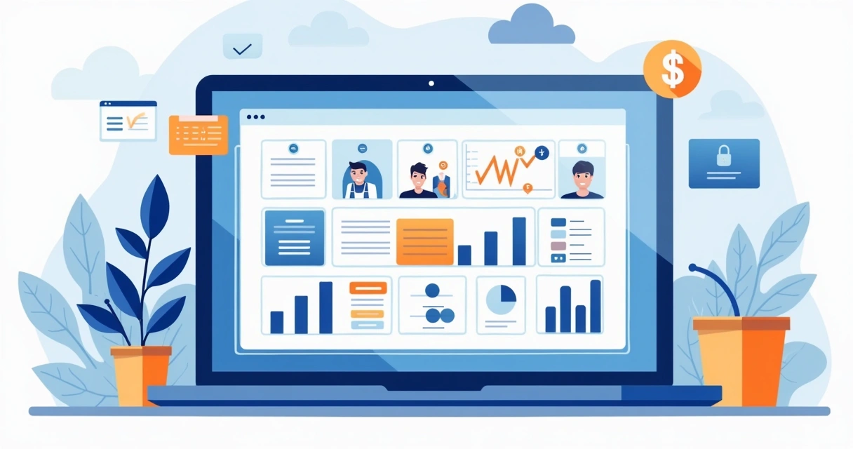 Painel de gerenciamento de plataforma digital com gráficos e ícones coloridos 