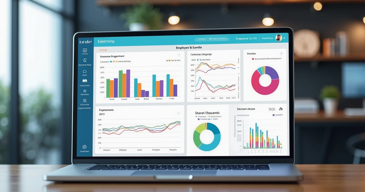 Dashboard digital com gráficos de engajamento e desempenho de colaboradores em plataforma de EAD 