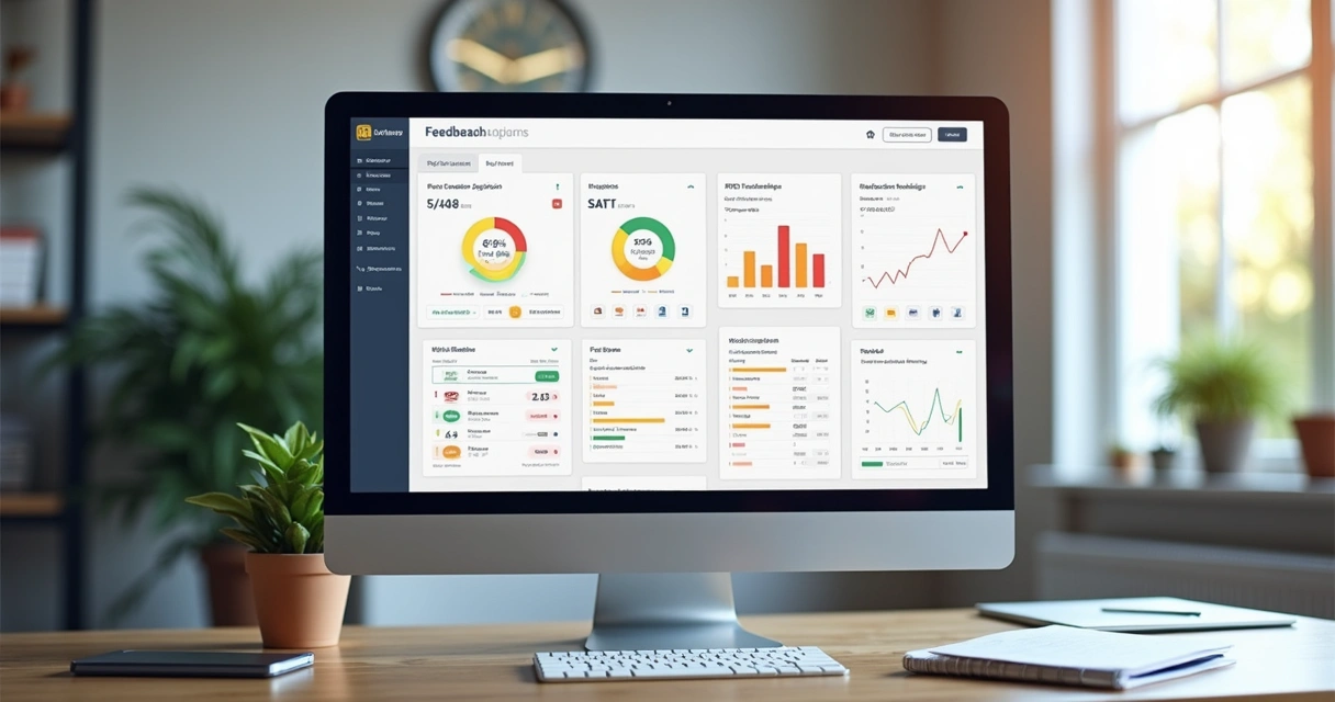 Painel digital de plataforma de feedback com gráficos e dados em tela clara 