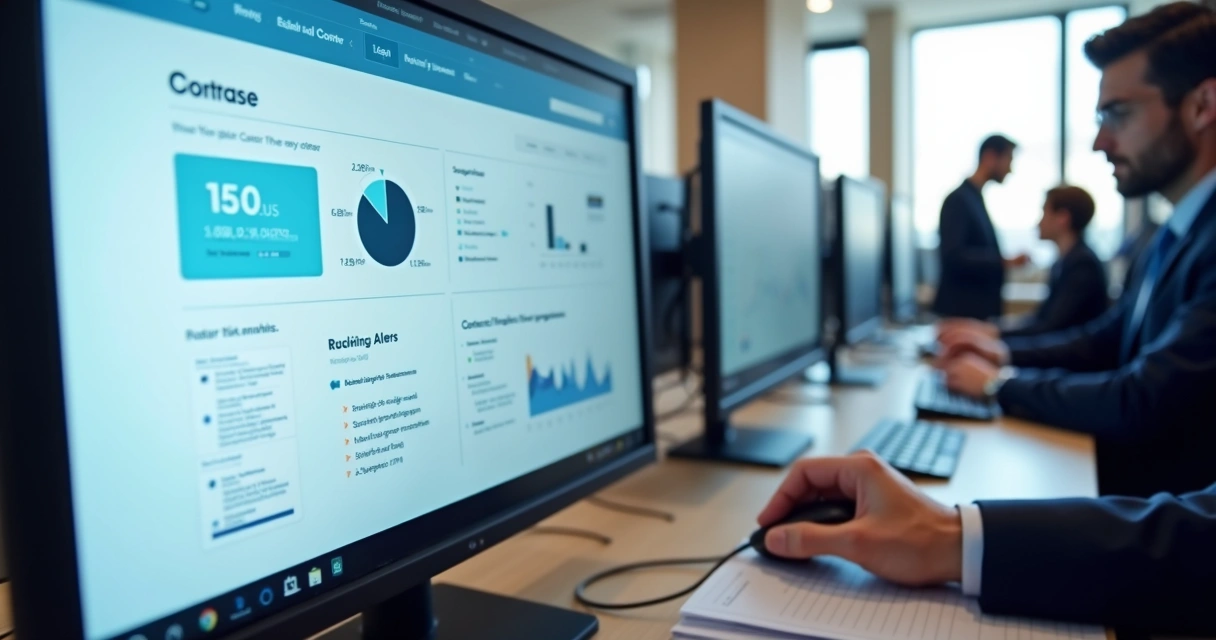 Dashboard digital com dados jurídicos em tela de plataforma IA 