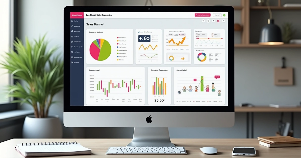 Dashboard de uma plataforma de geração de leads imobiliários mostrando funil e estatísticas 