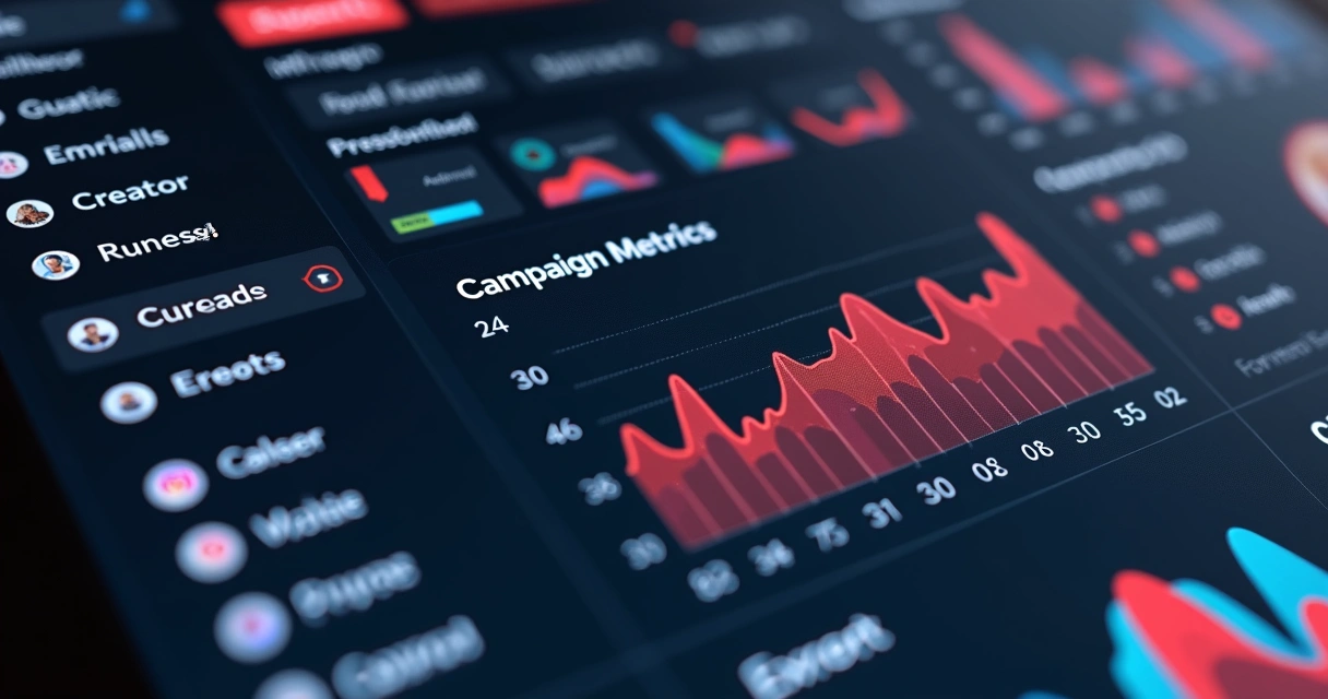 Dashboard de plataforma mostrando lista de creators, métricas e gráficos de campanhas 
