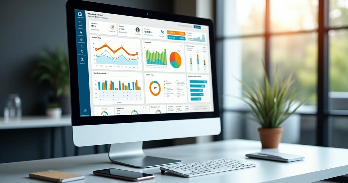 Dashboard visual de plataforma SaaS em tela de computador