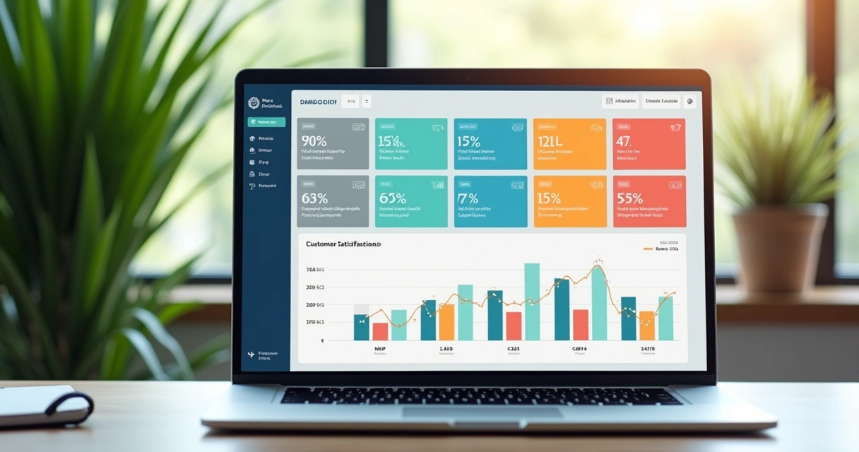 Tela de dashboard de uma plataforma de satisfação do cliente, exibindo gráficos de NPS, CSAT e feedbacks em blocos coloridos e limpos 