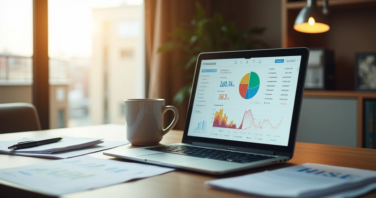 Dashboard financeiro do PMS com gráficos coloridos em tela de notebook 