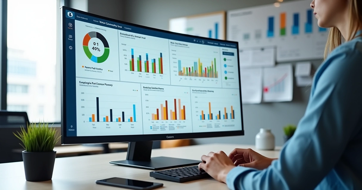 Dashboard moderno exibindo portais exclusivos para clientes de tráfego pago com gráficos coloridos e relatórios em um ambiente de escritório claro 