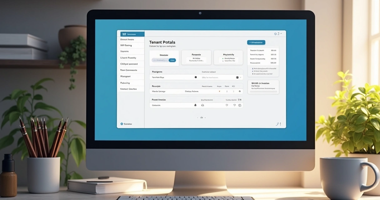 Portal do inquilino exibindo boletos, recibos e histórico em tela de computador moderno 