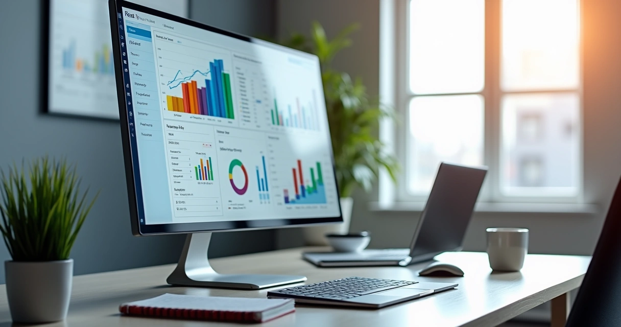 Tela de computador exibindo dashboard interativo do Power BI com gráficos coloridos e visualizações detalhadas 