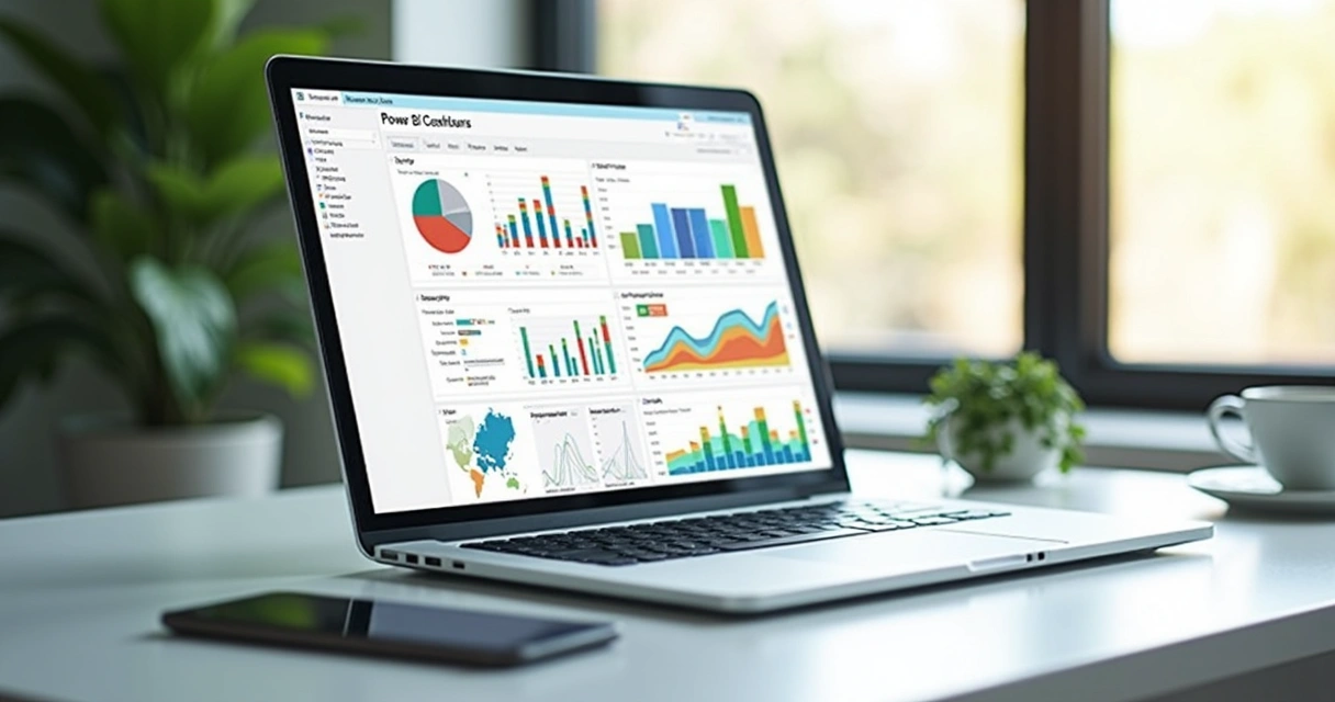 Dashboard colorido do Power BI em tela de notebook 