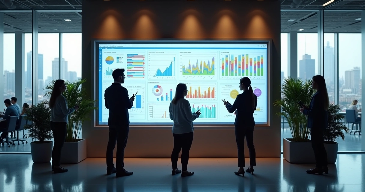 Dashboard Power BI mostrado em tela grande de escritório empresarial 