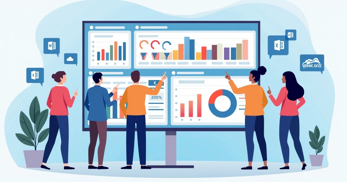 Ilustração flat corporativa de um dashboard de Power BI com gráficos coloridos, equipe colaborando e ícones da Microsoft em fundo azul 