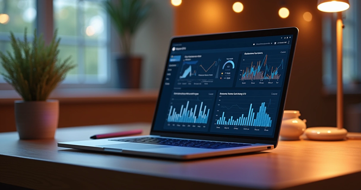 Dashboard de Power BI com gráficos coloridos em tela de notebook 
