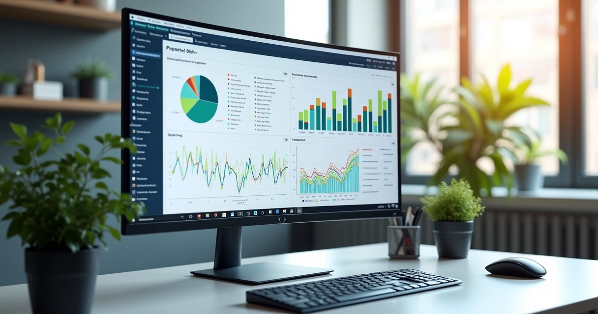 Dashboard do Power BI com gráficos coloridos e indicadores financeiros, de marketing e RH destacados 