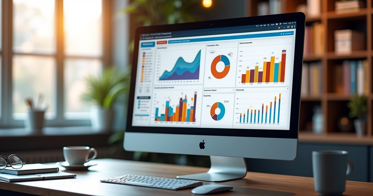 Dashboard interativo no Power BI exibido em computador moderno com gráficos coloridos e dados dinâmicos 