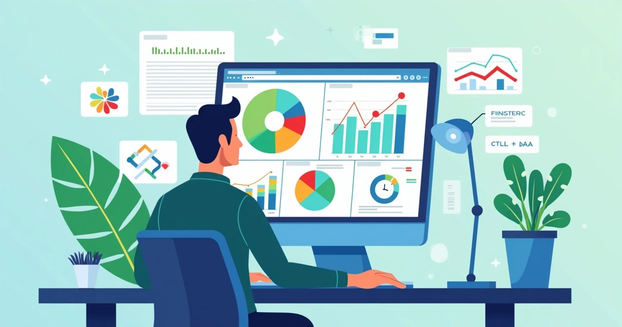 Ilustração corporativa plana mostrando um dashboard interativo de Power BI com gráficos e métricas, um desenvolvedor analisando dados no computador, ícones de modelagem de dados e fórmulas DAX ao fund