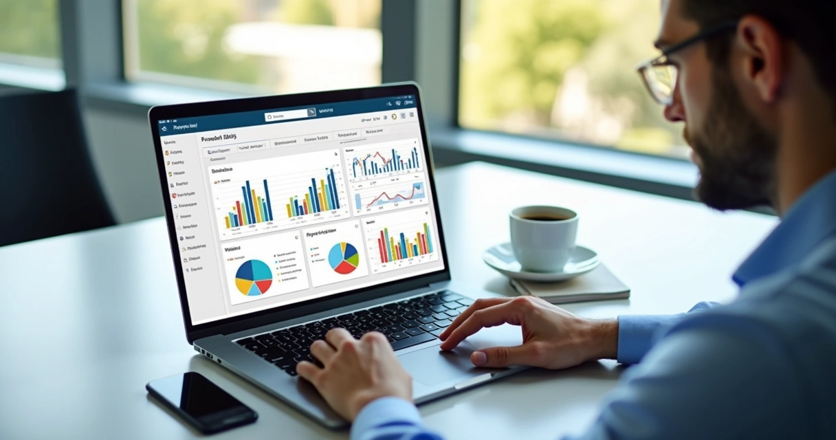 Painel de indicadores empresariais no Power BI em tela de notebook com gráficos coloridos 