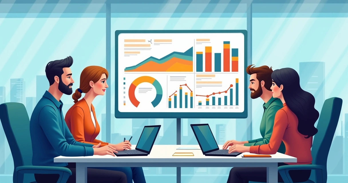 Equipe de analistas reunidos em torno de um grande painel digital de BI interpretando gráficos coloridos 