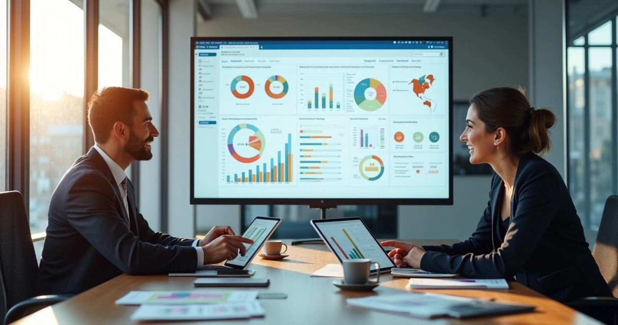 Painel do Power BI mostrando indicadores empresariais integrados a sistemas ERP e CRM. 