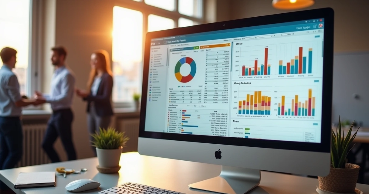 Dashboard colorido de empresa pequena visto em monitor 