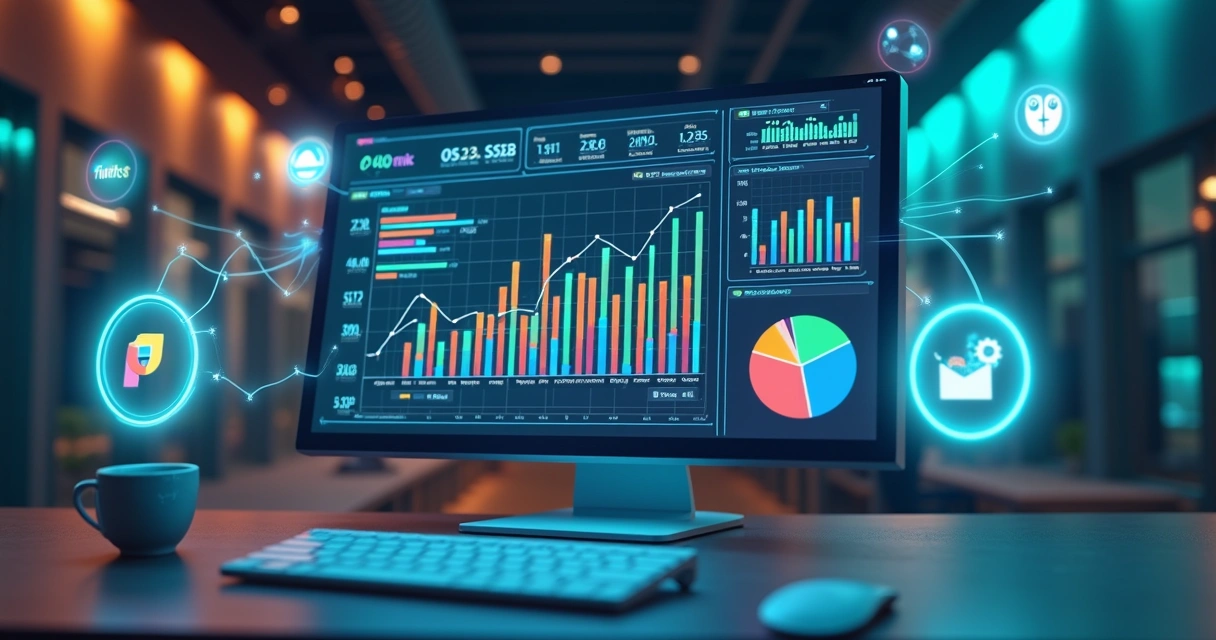 Painel 3D exibindo gráficos e tabelas de precificação dinâmica em marketplaces 
