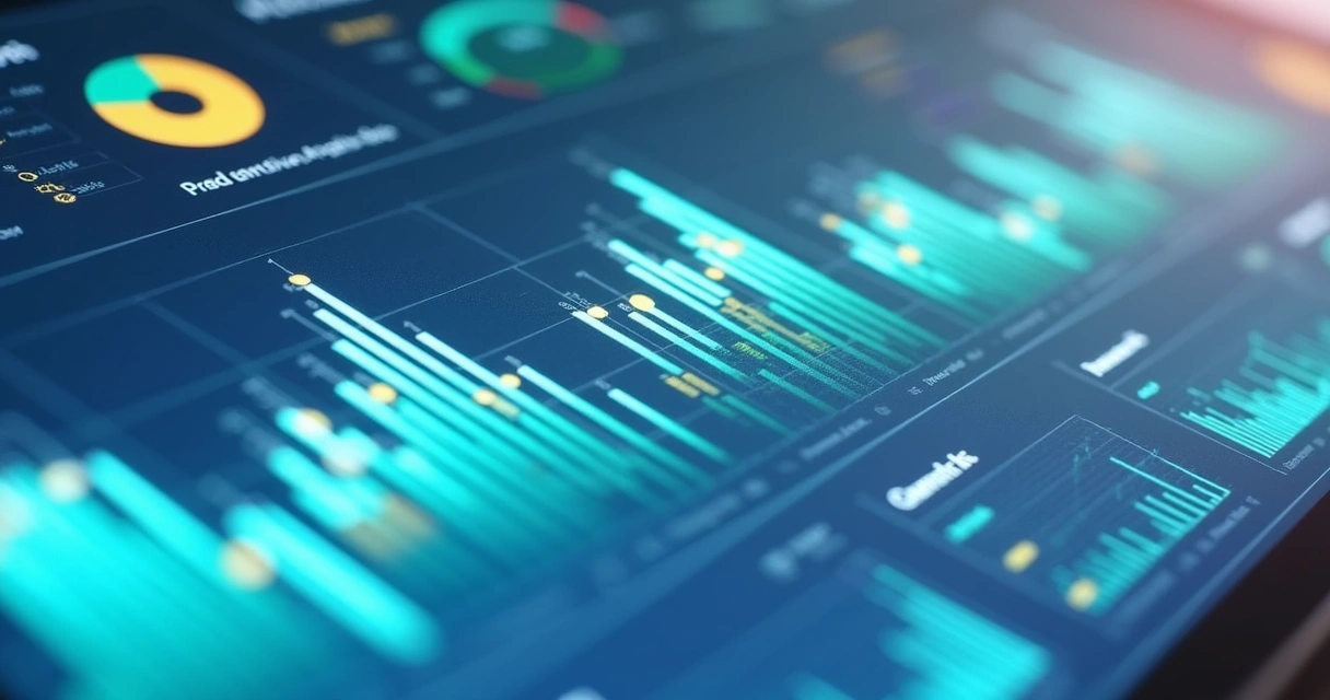 Dashboard preditivo com gráficos coloridos em tela digital. 