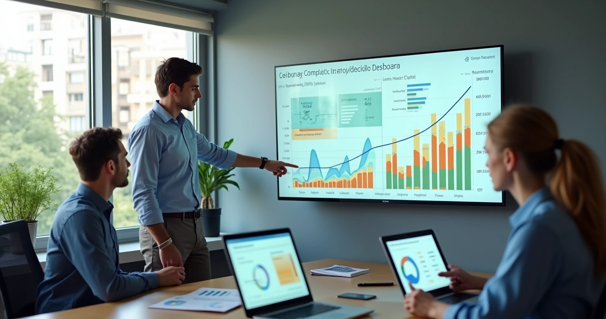 Gestor analisando dashboard preditivo em empresa de pequeno porte 