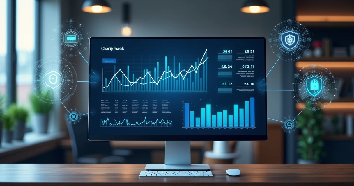 Dashboard de prevenção a fraudes e chargeback com gráficos em tela de computador. 