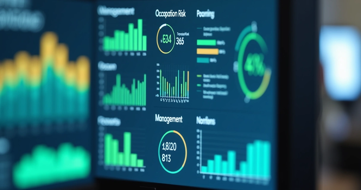 Dashboard digital exibindo gráficos de gestão de riscos ocupacionais