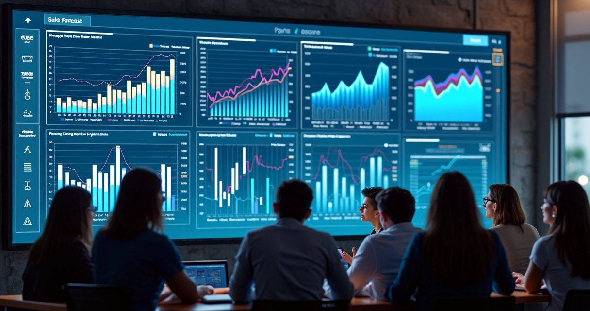 Dashboard digital com gráficos mostrando previsão de vendas 