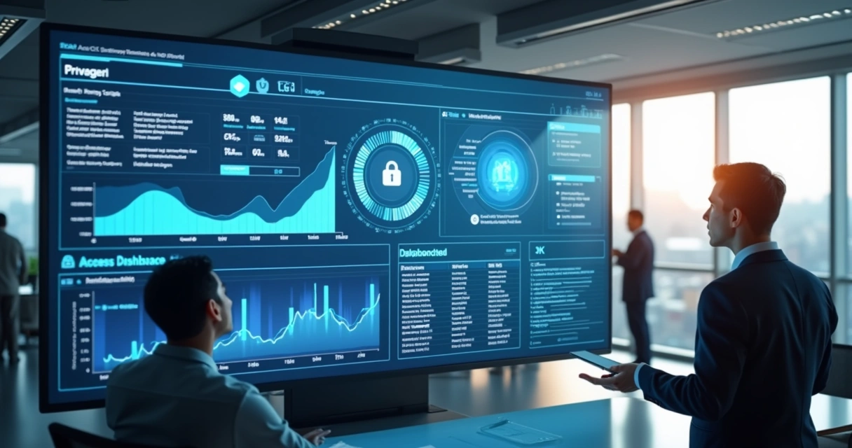 Dashboard de privacidade de dados mostrando gráficos de acesso e alertas de segurança 