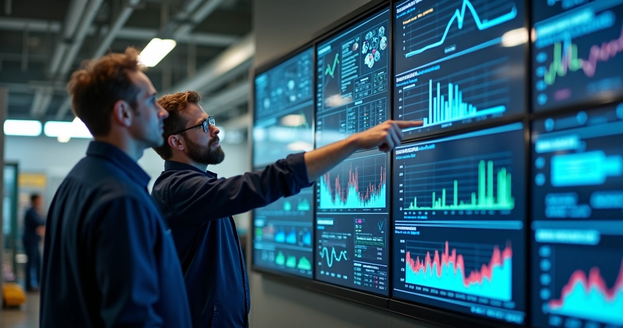 Dashboard digital com indicadores de produção e manutenção industrial 