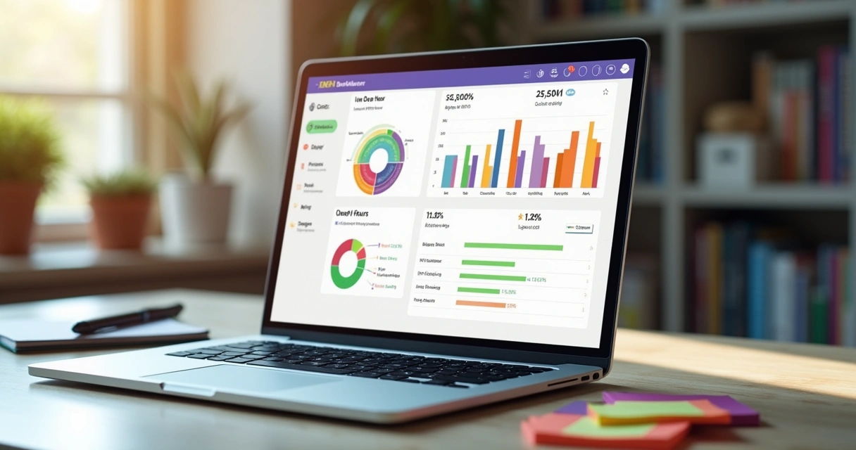 Dashboard de progresso de estudante do Enem em tela de notebook com gráficos coloridos. 