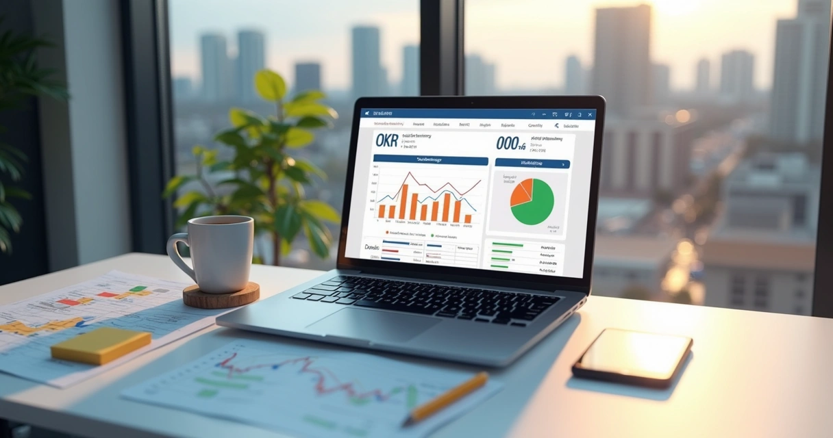 Dashboard digital mostrando progresso de metas e OKRs 