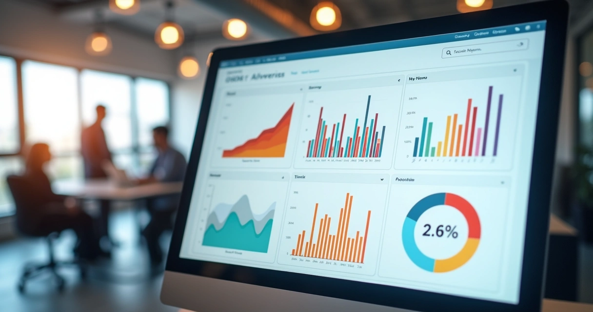 Dashboard digital mostrando progresso de OKRs em diferentes áreas da empresa 