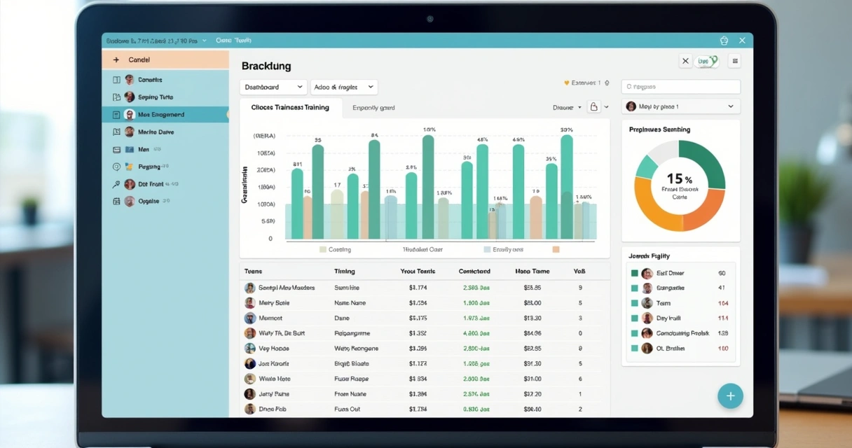Dashboard de progresso de treinamentos online com gráficos coloridos e lista de colaboradores