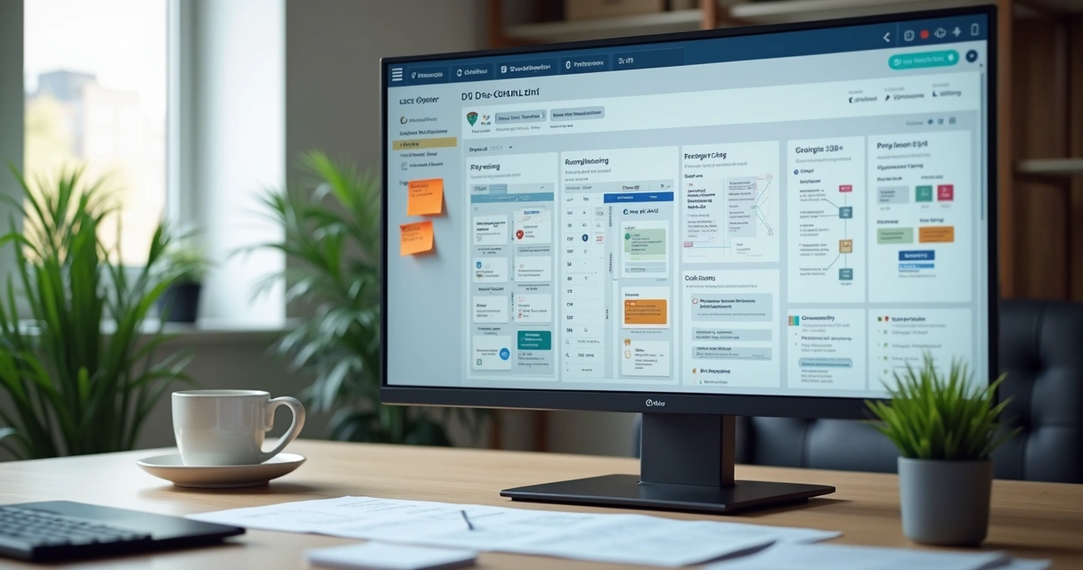 Dashboard de ERP mostrando fluxograma de projeto 