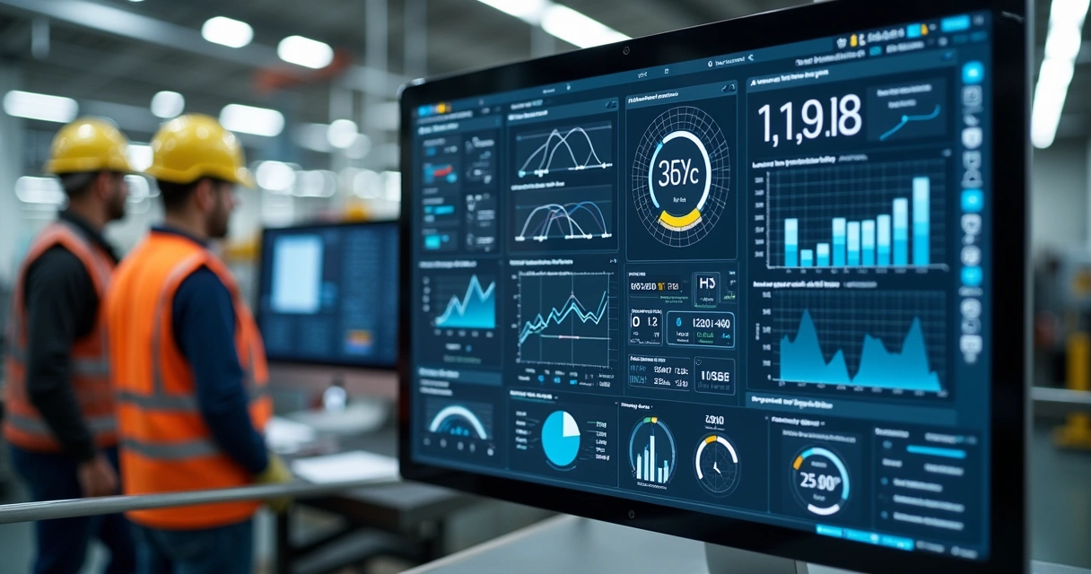 Dashboard digital mostrando indicadores de projeto industrial 