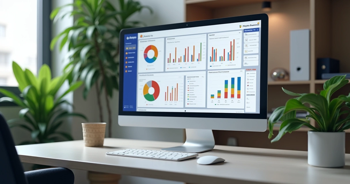Dashboard digital de projetos internos em tela de computador moderno 