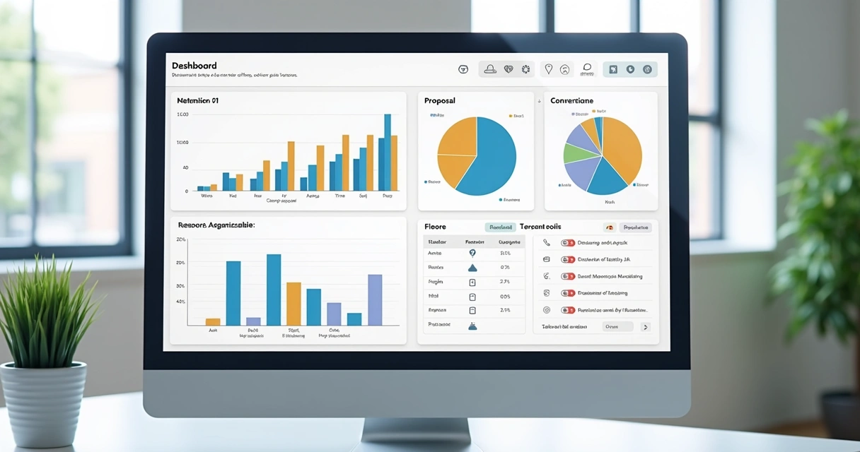 Visualização de dashboard B2B com gráficos de barras e listagem de propostas 
