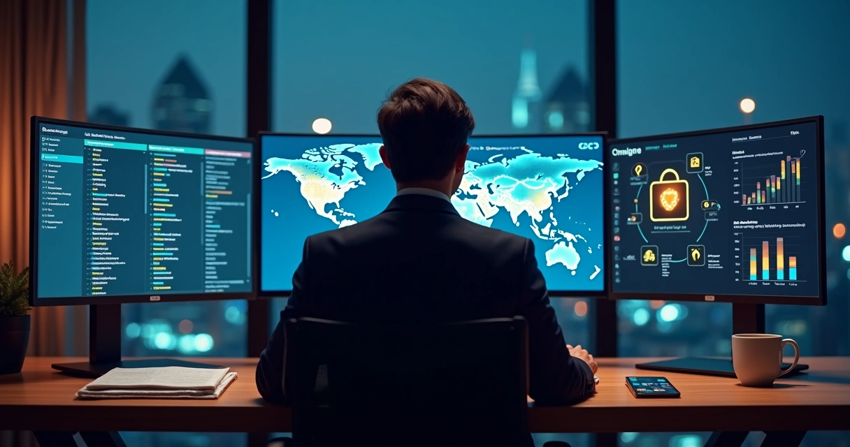 Profissional analisando painel de prospecção B2B em várias telas com dados e listas de contatos 