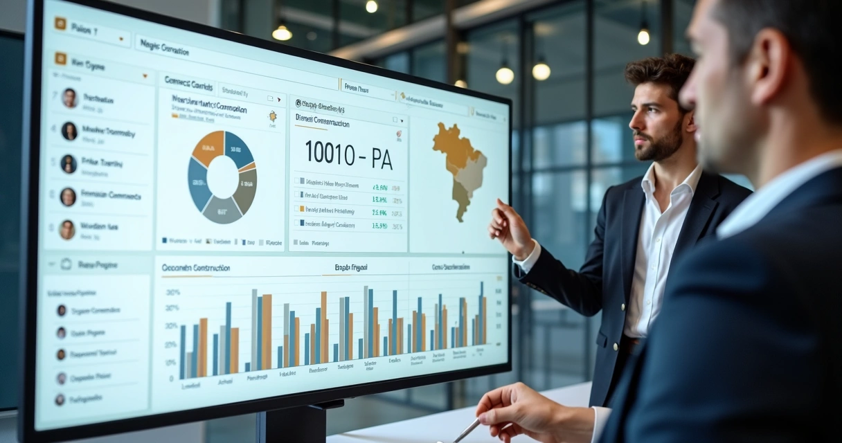 Dashboard digital de prospecção de obras, com gráficos e lista de projetos. 