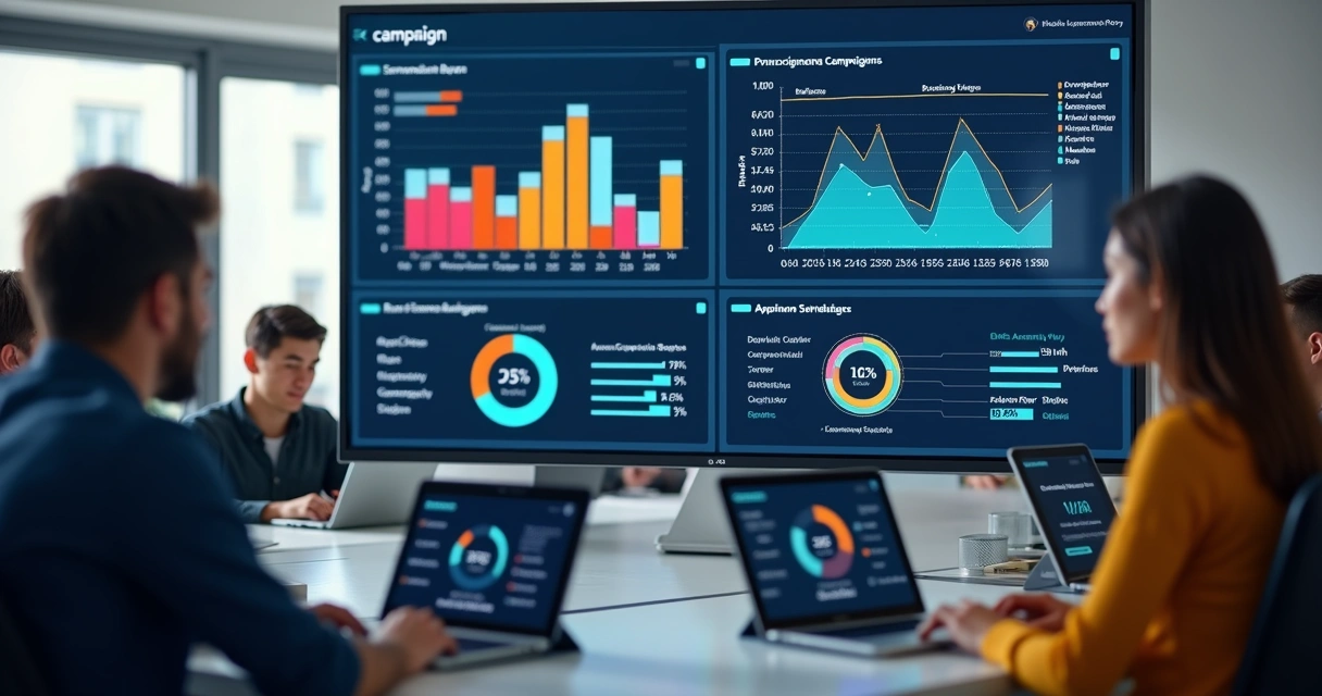 Dashboard digital com gráficos de campanhas e indicadores de performance 