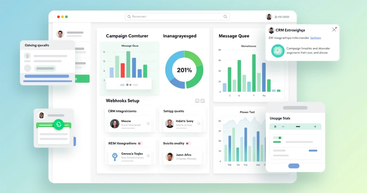 Dashboard de API para WhatsApp, com recursos como campanhas, analytics e integrações. 