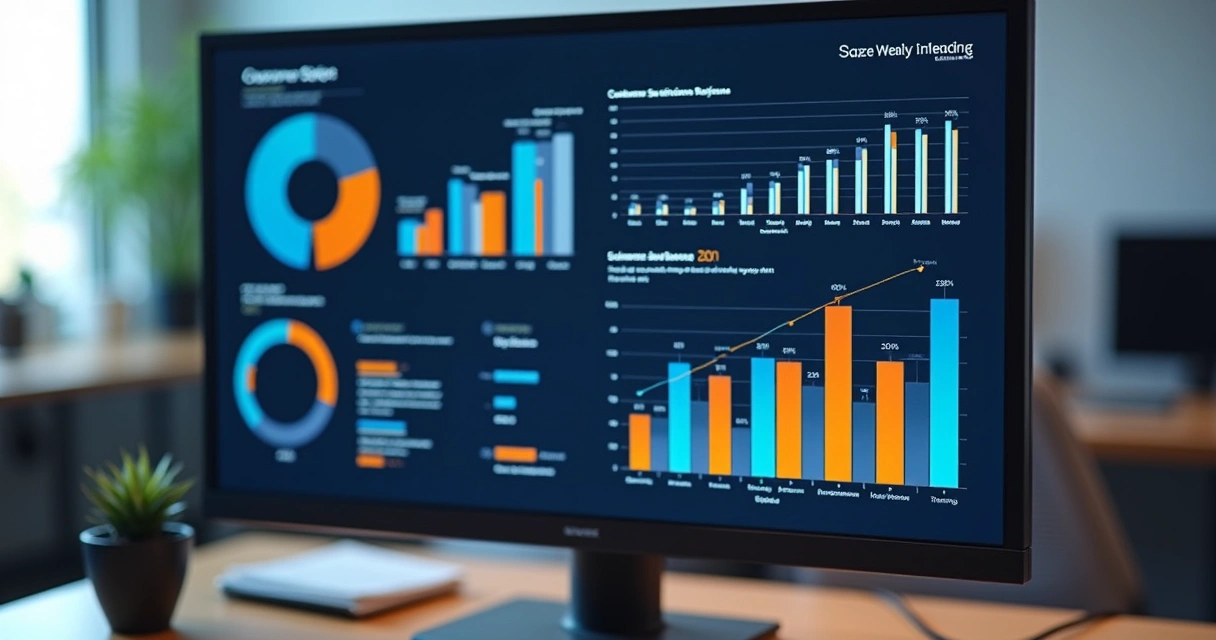 Dashboard digital mostrando gráficos de redução de custos e aumento de satisfação dos clientes 