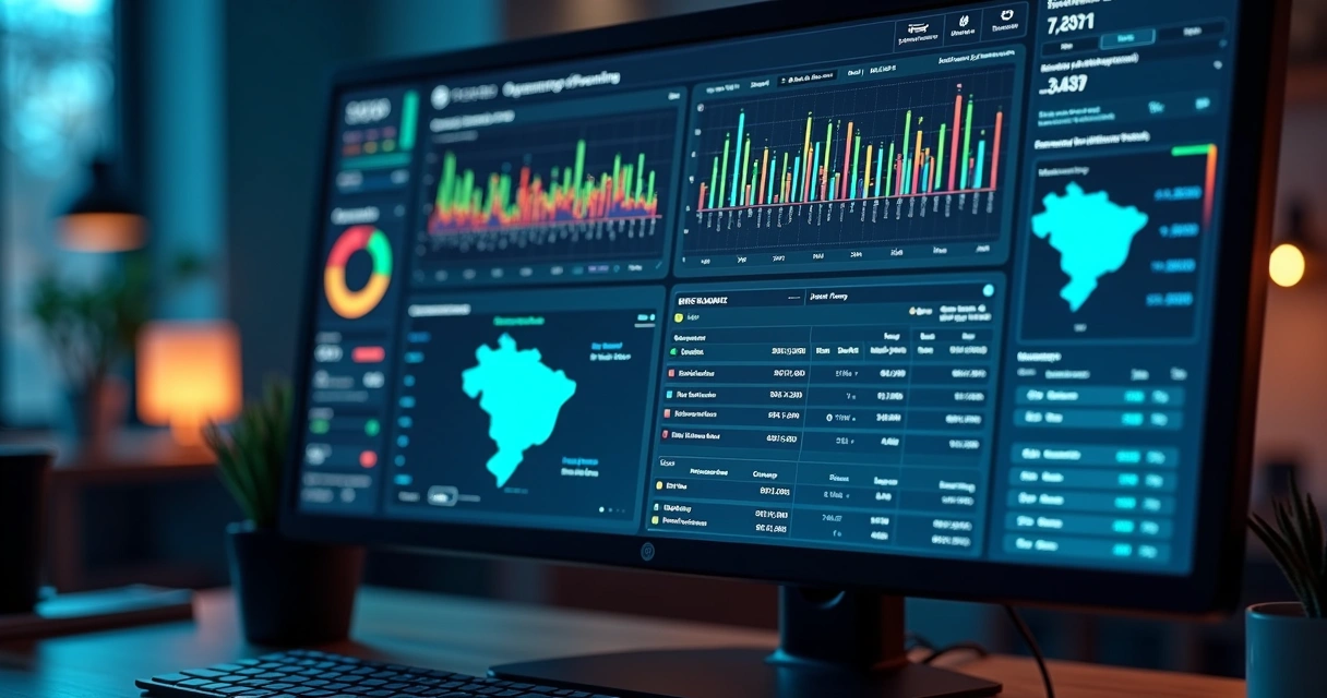 Dashboard digital exibe gráficos de reforma tributária e notas fiscais. 
